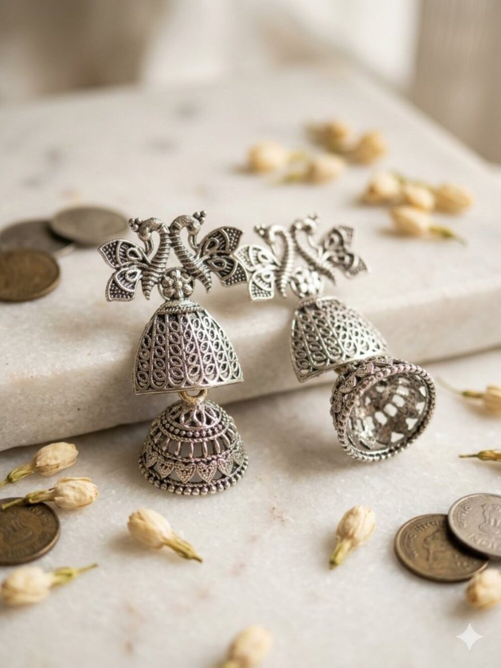 Oxidized Silver Jhumka Peacock Filigree Earrings